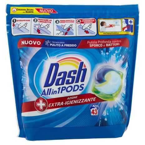 Dash PODS Allin1 Detersivo Lavatrice Capsule Bucato + Azione Extra-Igienizzante 43 Lavaggi 1169,6 g
